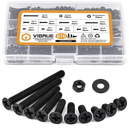 VIRGUE 870Pcs M3 Flat Head Phillips Machine Screws Black, M3 x 4/5/6/8/10/12/16/20/25/30mm Countersunk Metric Machine Screws Assortment Kit - size: M3 Phillips