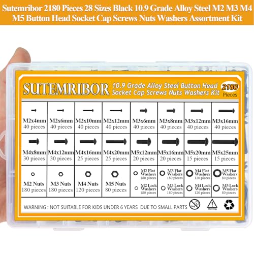 2180 Pieces Black M2 M3 M4 M5 Button Head Socket Cap Screws Nuts Washers Assortment Kit, Metric Screw Assortment with Hex Wrenches, 10.9 Grade Alloy Steel, Fully Threaded - size: M2/M3/M4/M5, style: Button Head Socket Cap