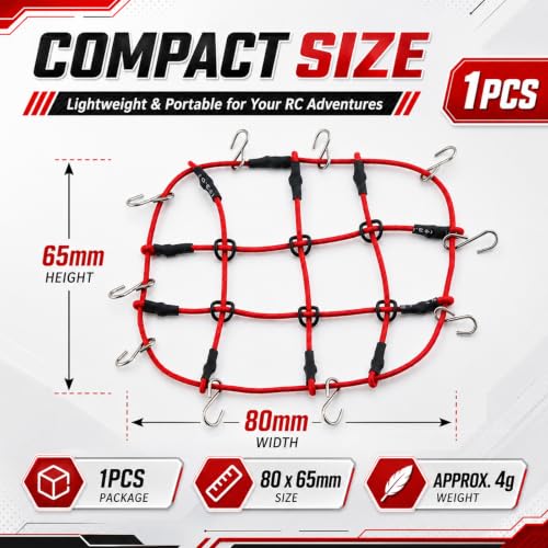 1:24 RC Roof Cargo Net with Hooks, 80x65mm Elastic Luggage Net for Axial SCX24 90081 AXI00002 AXI00001 AXI90081 C10 JLU Gladiator Bronco TRX4M 1/24 1/18 RC Crawler Scale Accessories, Red - color: Red