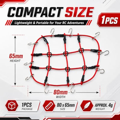 1:24 RC Roof Cargo Net with Hooks, 80x65mm Elastic Luggage Net for Axial SCX24 90081 AXI00002 AXI00001 AXI90081 C10 JLU Gladiator Bronco TRX4M 1/24 1/18 RC Crawler Scale Accessories, Red - color: Red