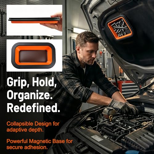 Collapsible Magnetic Parts Tray Set (2-Pack, S&M) - 1000-1200GS Strong Magnet, Silicone Foldable Tray for Screws, Bolts, Nuts, Washers - Ideal for Mechanics & Auto Repair (Orange)