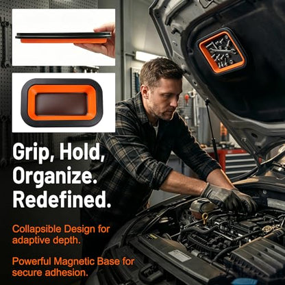 Collapsible Magnetic Parts Tray Set (2-Pack, S&M) - 1000-1200GS Strong Magnet, Silicone Foldable Tray for Screws, Bolts, Nuts, Washers - Ideal for Mechanics & Auto Repair (Orange)