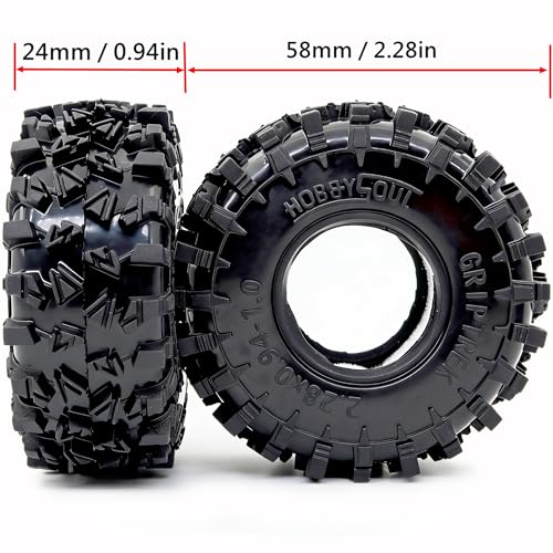HOBBYSOUL 58mm Griptrek 1.0" Tires 4-Pack For RC Crawler TRX4M SCX24 AX24 | Super soft sticky mud tires with foam inserts,For 1/18 TRX4M & 1/24 AX24 FCX24 Enduro24 micro rock crawlers Upgrades - size: 1.0 tires - 58mm Tall