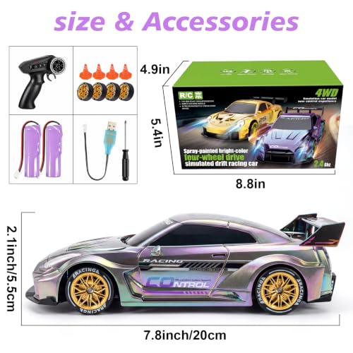 1:24 Scale RC Car with 2.4GHz, 4WD High Speed Remote Control Drift Car | RC drift car with LED lights, 2 batteries(50-min) & dual mode tires (drift/speed).Birthday gift for boys aged 4-12, Silver - color: 4-silver