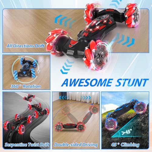 RC Stunt Car, 2.4 GHz 4WD Remote Control Gesture Sensor Toy Cars, Double Sided Rotating Off Road Vehicle 360° Flips with Lights Music, Drift rc car for Boys and Girls 3-12 Birthday