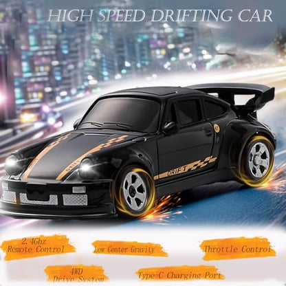 RC Drift Car, 1/64 Mini RC Remote Control Car, 2.4GHz Full Proportional RTR High Speed Micro Sports Racing Drift, 4WD HobbyFast Race Vehicle with Lights, Model Toys Gift for Kids, Boys, Adults - color: Black