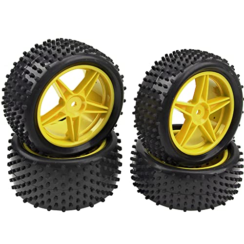 4Pack HIRCQOO OD 88mm/3.46" Front & Rear Rubber Plastic Wheel Rims Tires 12mm Hex Hub Compatible with Redcat Tornado Shockwave HPI HSP ExceedRC Kyosho 1/10 Scale Off Road Buggy (Yellow) - color: Yellow
