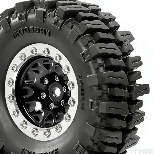 REDSPIDER RC 1.3inch Beadlock Wheels and Crawler Tires 64mm * 26mm Mud Slingers X Super Soft Sticky Tyres For RC 1/24 1/18 Scale Crawler TRX4M SCX24 FCX24 FCX18 (Black) - color: Black