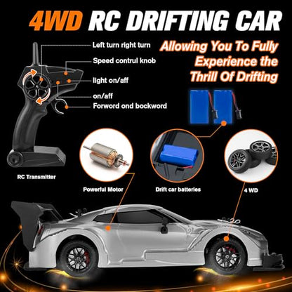 RC Drift Car, 1:16 Scale Drifting RC Cars, 2.4GHz 4WD 40km/h | RC Race Car, High-Speed Remote Control Drift Car Vehicle, Racing Sport Toy Gift for Boys Girls Kids(Silver) - color: Silver