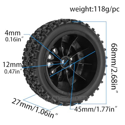 4PCS RC 1/10 Short Course Truck Wheels and Tires with 12mm Hex 1:10 Off Road Tyres for 1/10 RC Off-Road Car Traxxas TRX4 Slash Arrma Losi Tenacity Vkar 10sc Hpi RC Buggy Car (Type B)