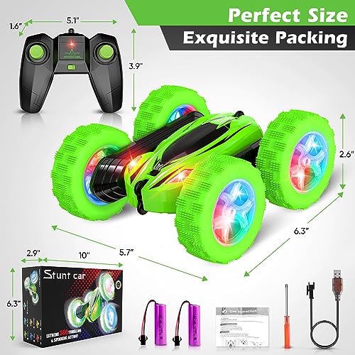 Qumcou Remote Control Car for Boys 4-7,RC Cars Toys for Ages 5-7, 2.4Ghz Fast Double-Sided 360°Rotating Toy Cars with Headlights and Wheel Lights, Christmas Birthday Gifts for Boys Age 6-12, Green