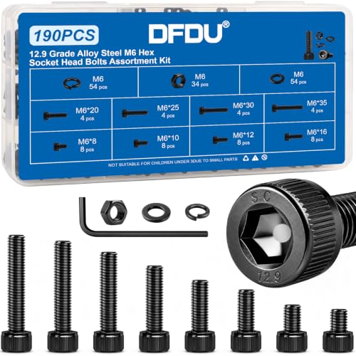 190PCS M6 Screws with Nuts Assortment Kit | M6x8/10/12/16/20/25/30/35 mm, Hex Socket Head Cap Bolts, 12.9 Alloy Steel, Black Zinc Plated, Anti-Rust, For DIY, furniture - size: G12.9 M6 190PCS
