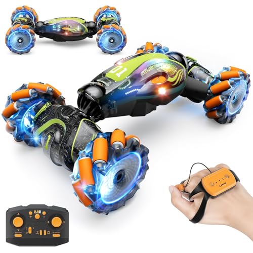 Gigilli Gesture Sensing RC Stunt Car with Spray Music Lights Remote Control Car Boys Toys Age 5-7 6-8 9 10 11 12 Birthday Gifts Boys for Kids Grandkids Ages 4 7 13 Years Old 4WD Twist Drift - color: Orange Green