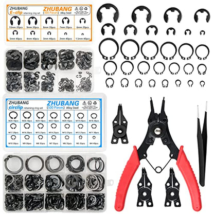 ZHUBANG 800Pcs C-clip External Retaining Rings Snap Rings Assortment Kit Circlip Alloy Steel(M4-M28) + E-clip Assortment Set(1.5mm-10mm) + 5Pcs Snap Ring Plier + Tweezer - size: Alloy Steel 500Pcs C-Clip
