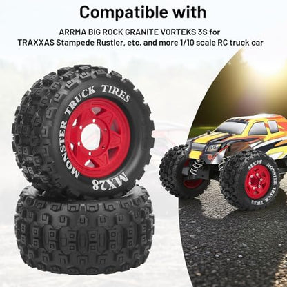 MX28 F/R 2.8" RC Car Tires with 12mm/14mm Hex Adapter RC Wheels and Tires Set 1/10 RC Truck Wheel for Arrma Big Rock Granite Traxxas Rustler Stampede VORTEKS 3S 4PCS (Style B) - Red - color: Red