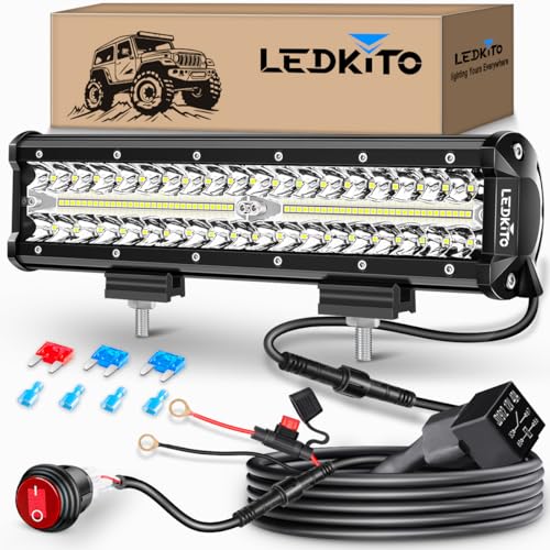 12Inch LED Light Bar Spot Flood Combo with 16AWG Wiring Harness Kit | Triple Row LED OffRoad Driving Work Lights Bar Bright Waterproof for Je-ep Truck SUV UTV ATV UTE Tractor Golf Pickup Van Boat - size: LEDKITO 12In LED Light Bar with Switch