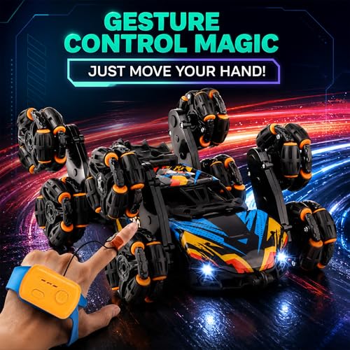 8 Wheels Hand Controlled RC Stunt Car, Gesture Sensing Car for Boys 6-12 | Gesture-sensing hand-controlled RC stunt car with joystick. 8 wheels, 360 flips, drift, LED, 2 batteries. Gift 6-12