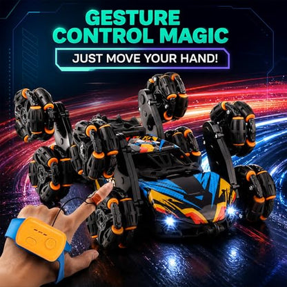 8 Wheels Hand Controlled RC Stunt Car, Gesture Sensing Car for Boys 6-12 | Gesture-sensing hand-controlled RC stunt car with joystick. 8 wheels, 360 flips, drift, LED, 2 batteries. Gift 6-12