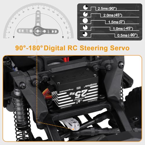 HobbyPark Waterproof RC Servo High Torque Coreless Motor Metal Gear RC Digital Servo Parts for 1/8 1/10 RC Crawler SCX10 TRX4 RC Truck RC Car Buggy RC Basher Control Angle 90°-180° (25kg Torque)