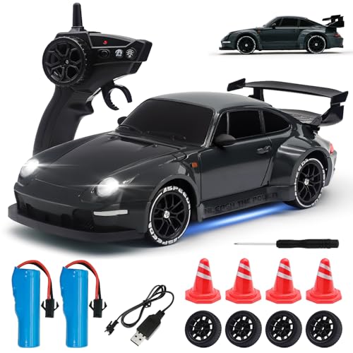 RC Drift Car,1:24 Scale Remote Control Car, 2.4GHz 20KM/H 4WD High Speed RC Cars for Kids with LED Light, Two Batteries,Drifting Tires,Racing Vehicle Toy for Adults Boys Girls Gray - color: Gray