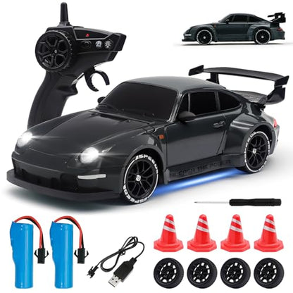 RC Drift Car,1:24 Scale Remote Control Car, 2.4GHz 20KM/H 4WD High Speed RC Cars for Kids with LED Light, Two Batteries,Drifting Tires,Racing Vehicle Toy for Adults Boys Girls Gray - color: Gray