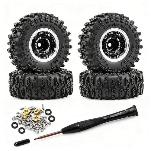 0.7” Wheel & Crawler Terrain Tire Set for 1/30 RC Crawler, -1.00mm Offset, Axial SCX30 & Redcat Ascent-32, CNC Aluminum Rims, 5mm Hex, Shims Screwdriver Included, Pre-Assembled, 4 pcs, Black - color: Black-1, size: Rock-trail-clean-out