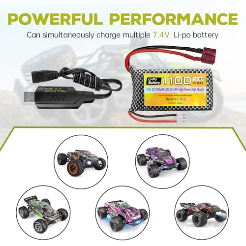 7.4V 1100mAh 2S Lipo Battery with T Plug and USB Charging Cable Suitable for Haiboxing 18858 18859 18859A 16890A XLH Q903 Q903 HM163 RC Car RC Ship RC Drone