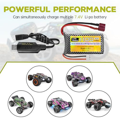 7.4V 1100mAh 2S Lipo Battery with T Plug and USB Charging Cable Suitable for Haiboxing 18858 18859 18859A 16890A XLH Q903 Q903 HM163 RC Car RC Ship RC Drone