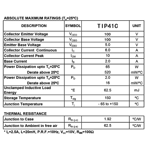 TIP41C TIP41 NPN Silicon Power Transistor 6A 100V Darlington Transistors 6 Amp 100 Volt TO-220 (Pack of 20pcs) - style: TIP41C