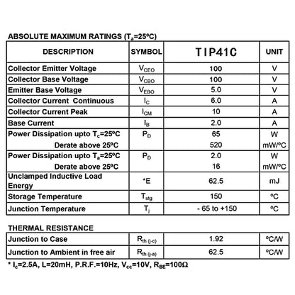 TIP41C TIP41 NPN Silicon Power Transistor 6A 100V Darlington Transistors 6 Amp 100 Volt TO-220 (Pack of 20pcs) - style: TIP41C
