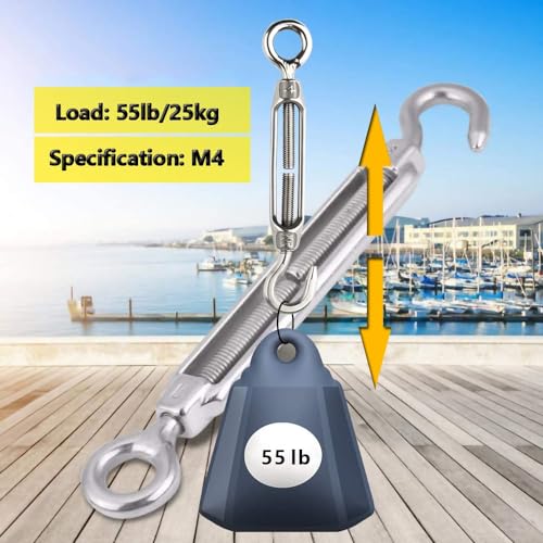 Turnbuckle Lsqurel 10PCS 304 Stainless Steel Turnbuckle Hook and Eye Heavy Duty M4 M6 M8 M10 Tensioner Adjustable Shade Sail Hardware for Tightening up Metal Cable Wire 5/32 1/4 5/16 3/8 - style: M4 - 10pcs