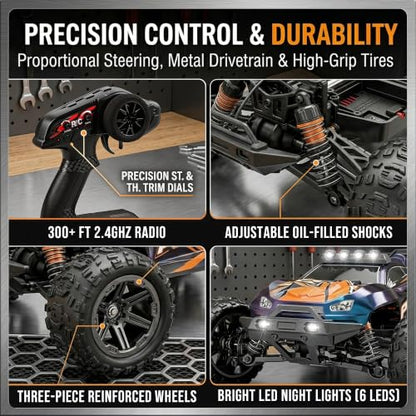 1/14 Fast RC Cars for Adults，4x4 Offroad Waterproof Monster Truck 40+ mph | V3 Electric Powered High Speed Remote Control Drift Buggy Car, All Terrain Truggy with 2S Battery for Snow Sand - color: Blue Orange
