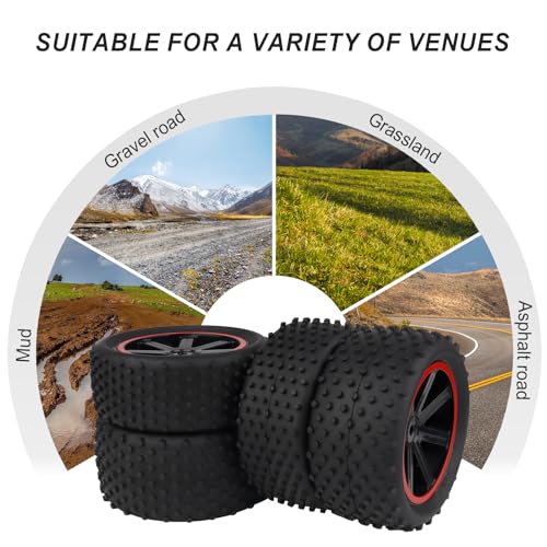HobbyPark 12mm Hex PreGlued 1/10 RC Buggy Tires and Wheels Set Mounted for Traxxas Bandit VXL Losi Redcat Wltoys 144001 2S 3S Lipo Brushless Motor (Style A)