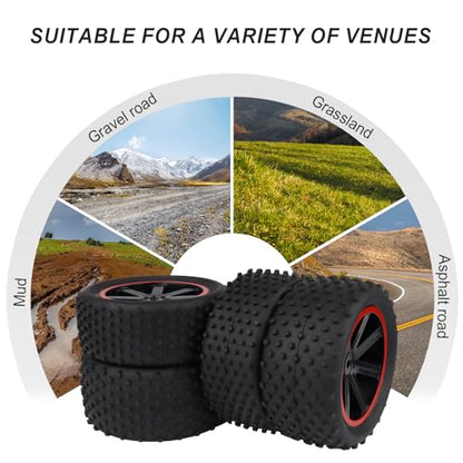 HobbyPark 12mm Hex PreGlued 1/10 RC Buggy Tires and Wheels Set Mounted for Traxxas Bandit VXL Losi Redcat Wltoys 144001 2S 3S Lipo Brushless Motor (Style A)