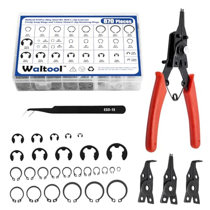 870Pcs Alloy Steel M4-M28 C-Clip External Circlip Snap Rings and 1.5mm-10mm E-Clip Retaining Rings with Snap Ring Pliers for Automobiles Motorcycle Lawnmowers Electrical Appliances