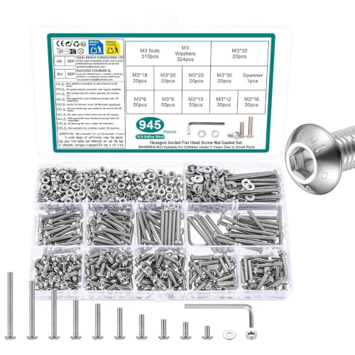 945 Pcs M3 Screws Assortment Kit, Metric Nuts and Bolts Assortment Kit, Hex Socket Button Head Cap Screw Bolts and Nuts Kits, Hex Socket Screw Set, Machine Screws Set, with Spanner(Silver) - size: M3