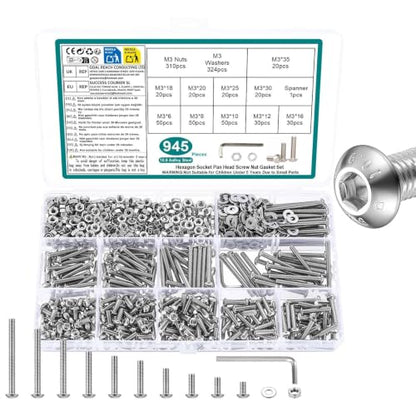 945 Pcs M3 Screws Assortment Kit, Metric Nuts and Bolts Assortment Kit, Hex Socket Button Head Cap Screw Bolts and Nuts Kits, Hex Socket Screw Set, Machine Screws Set, with Spanner(Silver) - size: M3