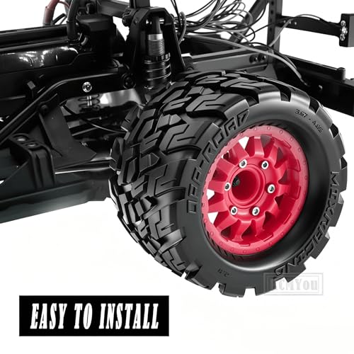 RC Truck Tires Wheel 12mm/14mm Hex for 1/10 Big Rock Granite Vortek/Stampede Rustler Hoss/Axia1/L0s1/Redca t/Rc 4wd,4-Pack RC Wheels Tires,Red - color: Red for 1/10 Arrma