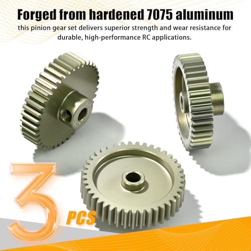 3PCS 48P Pinion Gear Set 7075 Aluminum Alloy 3.175mm Shaft 39T 40T 41T with Screws & Hex for 1/10 RC Arrma Traxxas HPI Sakura Losi Axial SCX10 Tamiya Monster Truck Buggy Motor Gears Upgrade - size: 39 40 41T