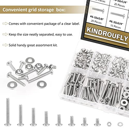 242 Pieces #6-32x 3/16", 1/4", 5/16", 3/8", 1/2", 5/8", 3/4", 1", Phillips Pan Head Machine Screws Nuts Washers Assortment Kit, 304 Stainless Steel, Fully Machine Thread - size: #6-32
