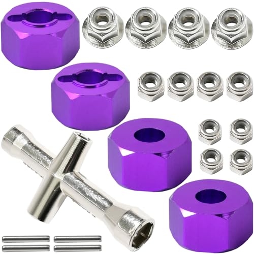 12mm Hex Wheel Hubs w/Axle Pins M4 Flange Lock Nut Standard M3 M4 Nut 5mm Thickness Aluminum Wheel Drive Adapter Replacement of 1654 for RC Traxxas 1/10 Slash 4x4, Stampede 4WD - color: Purple