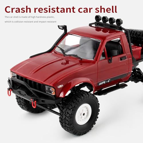 GoolRC RC Truck, WPL C14 RC Crawler 1/16 Scale Remote Control Car, 4WD All Terrain Off Road Semi Truck, 2.4GHz RC Climbing Car with LED Lights and 2 Batteries for Adults (Red) - color: Red