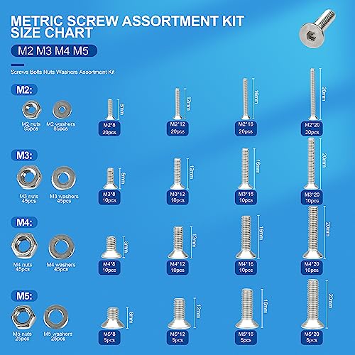 NINDEJIN 580 PCS M2 M3 M4 M5 Metric Hex Socket Button Head Screw Bolts Kit | 304 Stainless Steel, Machine Screw, Bolts Nuts Flat Washers Wrenches Screw Set, Resistant to Rust, Corrosion, Replace Screws - size: 580 Hex Flat Head Socket Screws Nuts