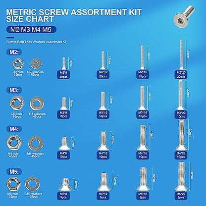 NINDEJIN 580 PCS M2 M3 M4 M5 Metric Hex Socket Button Head Screw Bolts Kit | 304 Stainless Steel, Machine Screw, Bolts Nuts Flat Washers Wrenches Screw Set, Resistant to Rust, Corrosion, Replace Screws - size: 580 Hex Flat Head Socket Screws Nuts