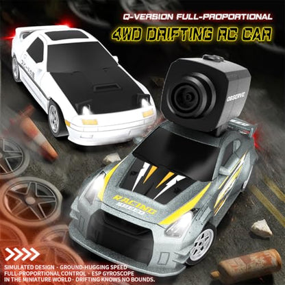 Mini 4WD RC Drift Car with Camera, Full Proportional High Speed Remote Control Vehicle, APP Controlled RC Racing Car with Gyroscope Drift System, LED Lights, Rechargeable Battery - color: Silver