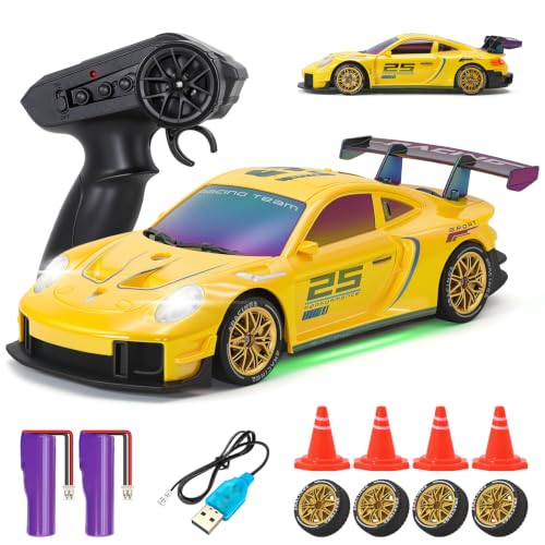 RC Drift Car, 1:24 4WD Remote Control Cars Vehicle with LED Light,2.4GHz 20KM/H High Speed RC Cars with Two Batteries & Drifting Tires Racing Sport Toy for Adults Boys Girls Kids Yellow - color: Yellow