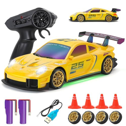 RC Drift Car, 1:24 4WD Remote Control Cars Vehicle with LED Light,2.4GHz 20KM/H High Speed RC Cars with Two Batteries & Drifting Tires Racing Sport Toy for Adults Boys Girls Kids Yellow - color: Yellow