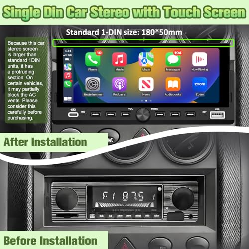 Single Din Radio Car Stereo with Wireless CarPlay & Android Auto | 6.86" IPS Touch Screen, Backup Camera, External Microphone, Bluetooth, SWC, FM, USB, RGB Button Backlighting