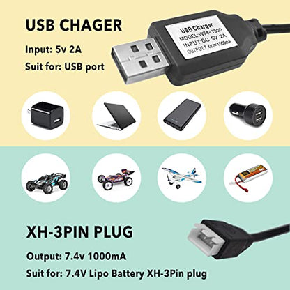 2PCS USB Charger Cable with XH-3P Connector for SCX24 RC Car, Holyton Remote Control Car, 2S 7.4V LiPo Battery RC Car, Rock Crawler FPV Drone Quadcopter