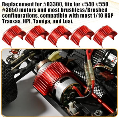 5PCS Aluminum Heatsink Electric Engine Motor Heat Sink Cooling Fins Replacement for #03300, Compatible with 1/10 HSP Traxxas HPI Tamiya Losi 550 540 3650 Size Brushed/Brushless Motors (Red) - style: Red